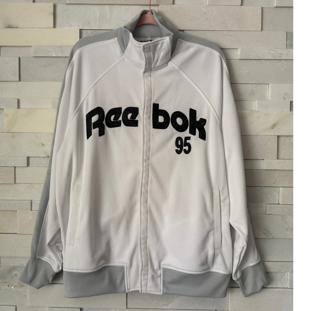 VINTAGE REEBOK 95 Poly/Cotton Full Zip Applique Stand Collar Track Jacket M 90s